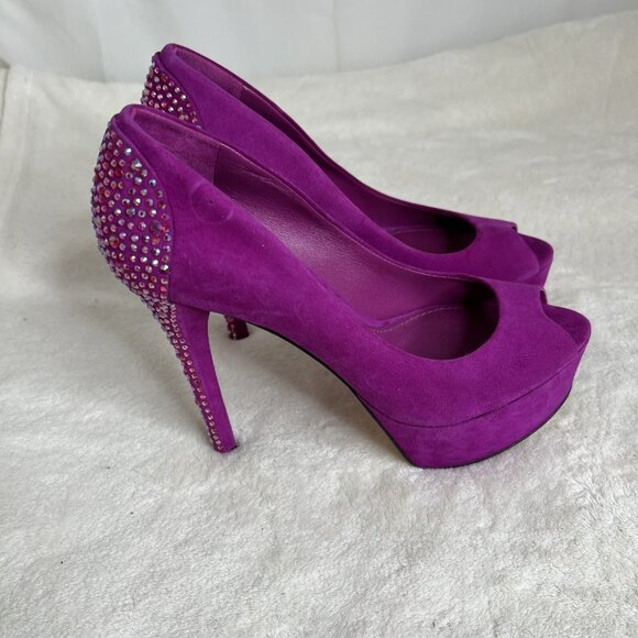 Brian Atwood Purple Suede Peep-Toe Platform Heels Rhinestone Stiletto Size 8 - Picture 3 of 8